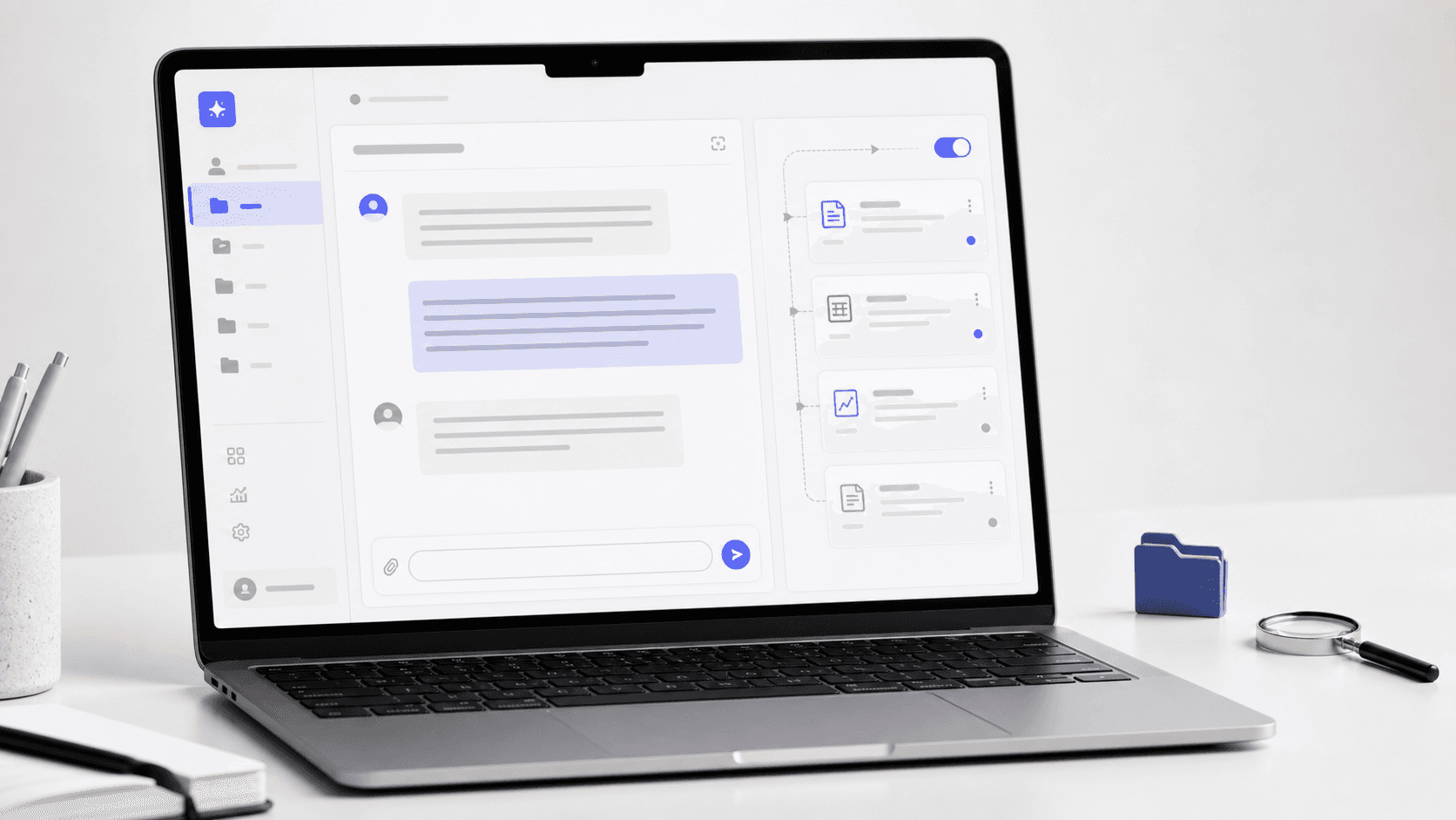 AI workspace mockup with source-file cards feeding a chat and a retrieval indicator.