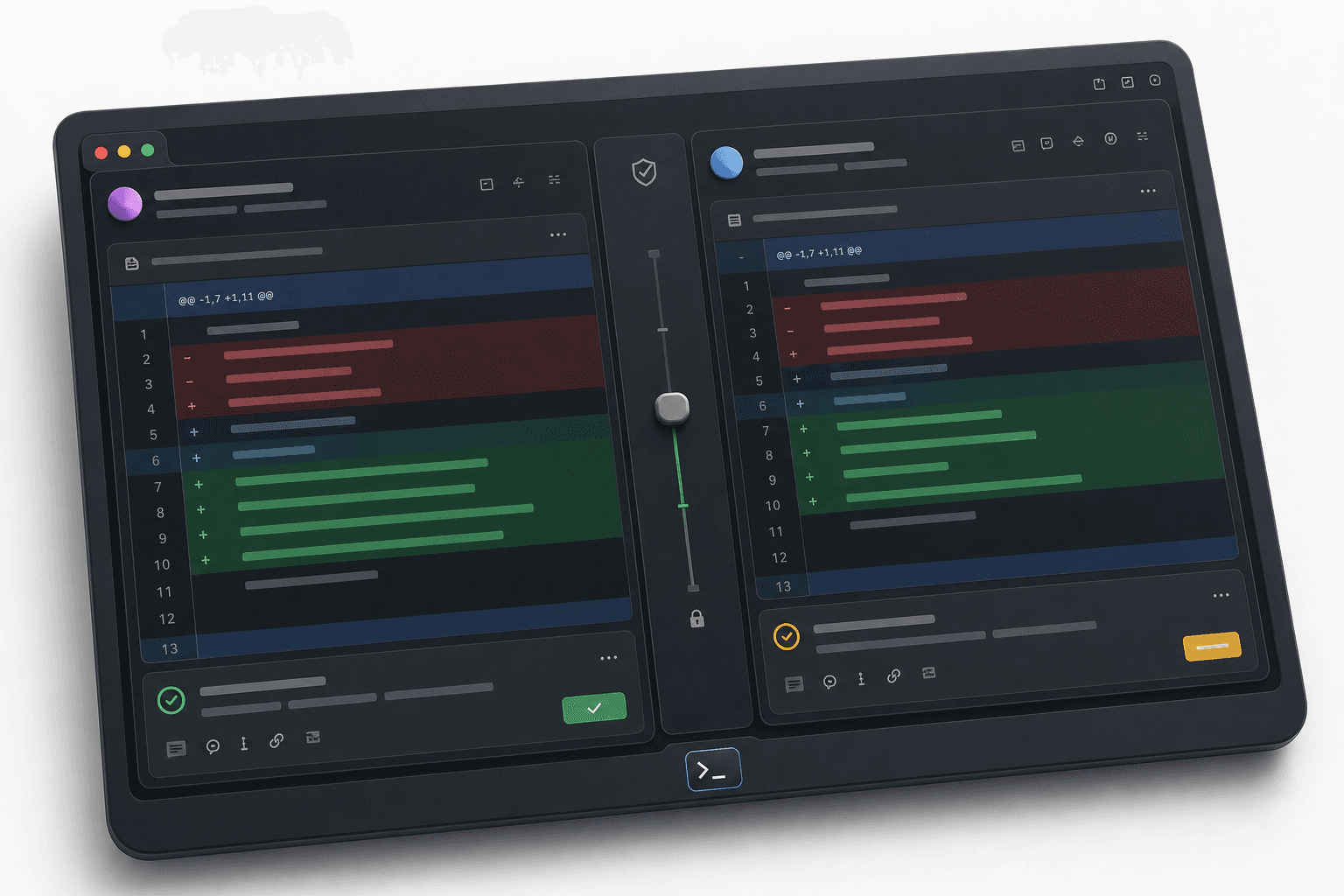 Split IDE mockup with a repo-permission slider between Claude Code and Codex-style diff panes.