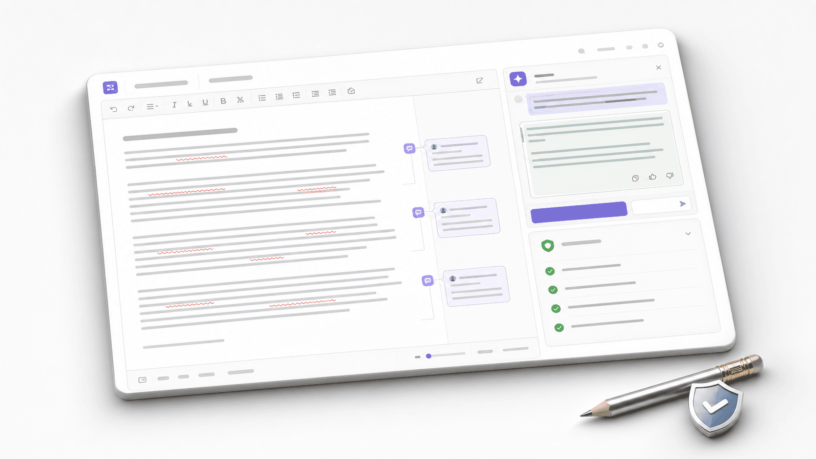 Document editor mockup with grammar marks and a chat rewrite panel