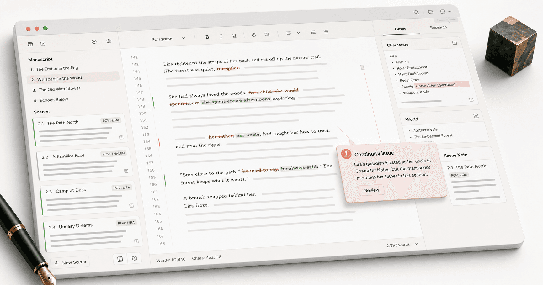 Document mockup with scene cards and a continuity warning bubble beside tracked prose edits.