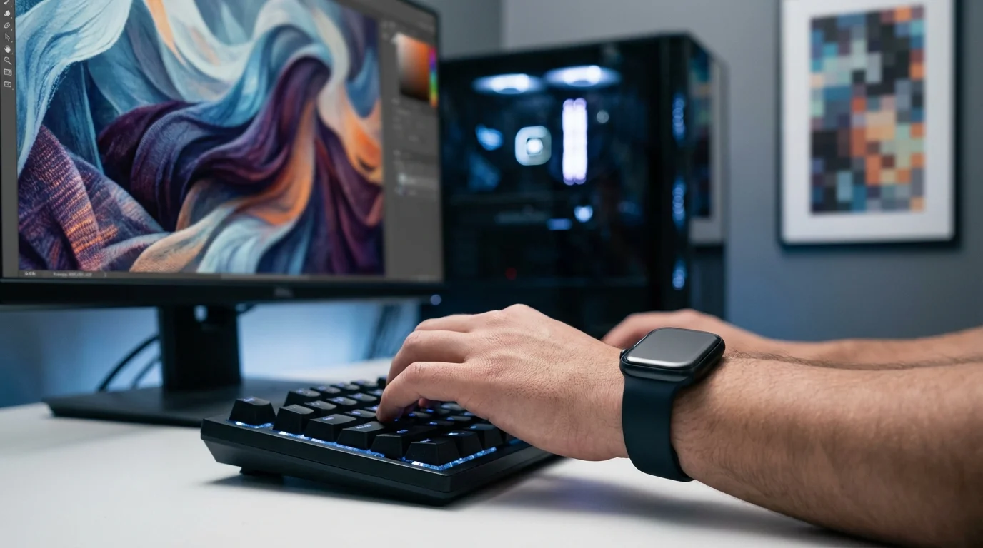 A person types on a backlit mechanical keyboard in front of a computer monitor displaying abstract digital art.