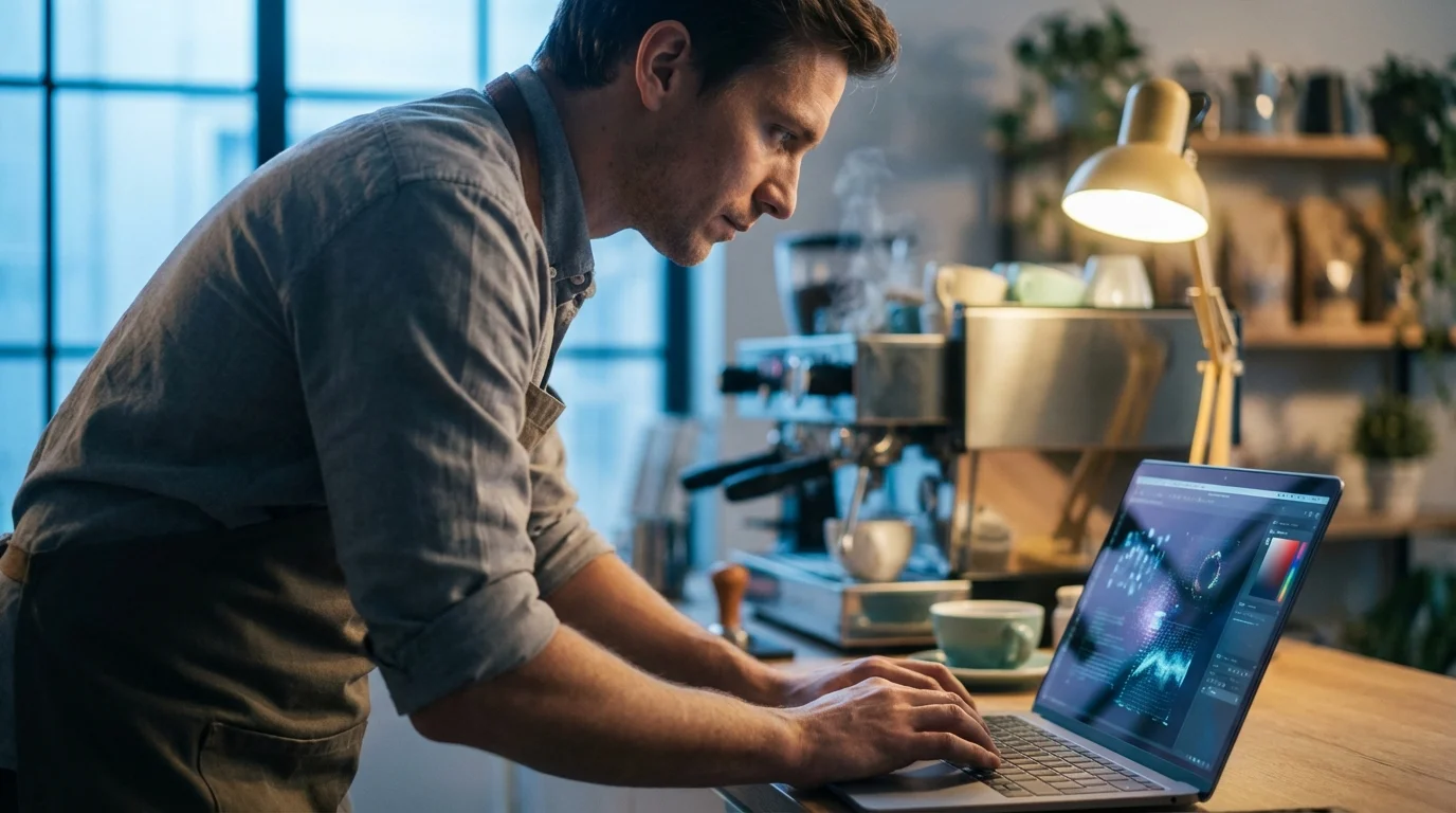 A focused man in an apron types on a laptop with a modern coffee machine in the background.