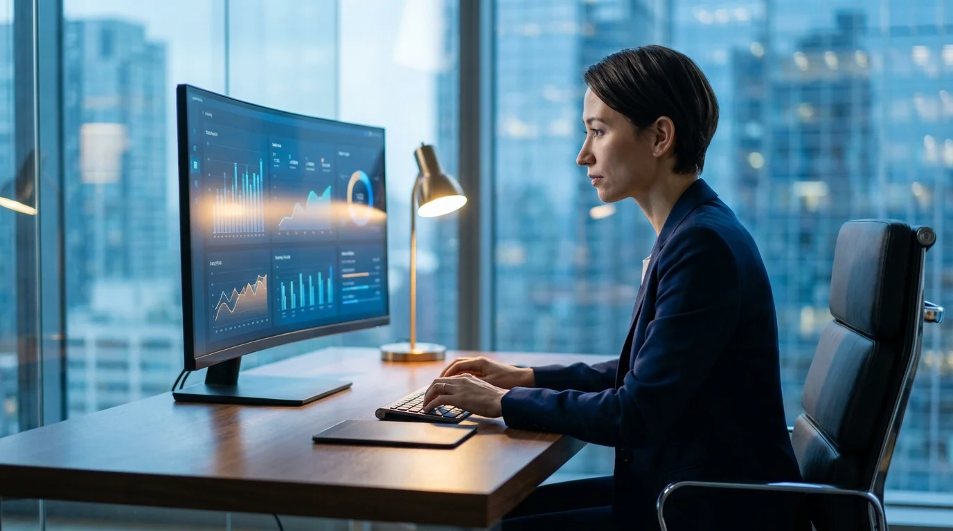 A professional woman intently works on a computer displaying data visualizations in a modern office.