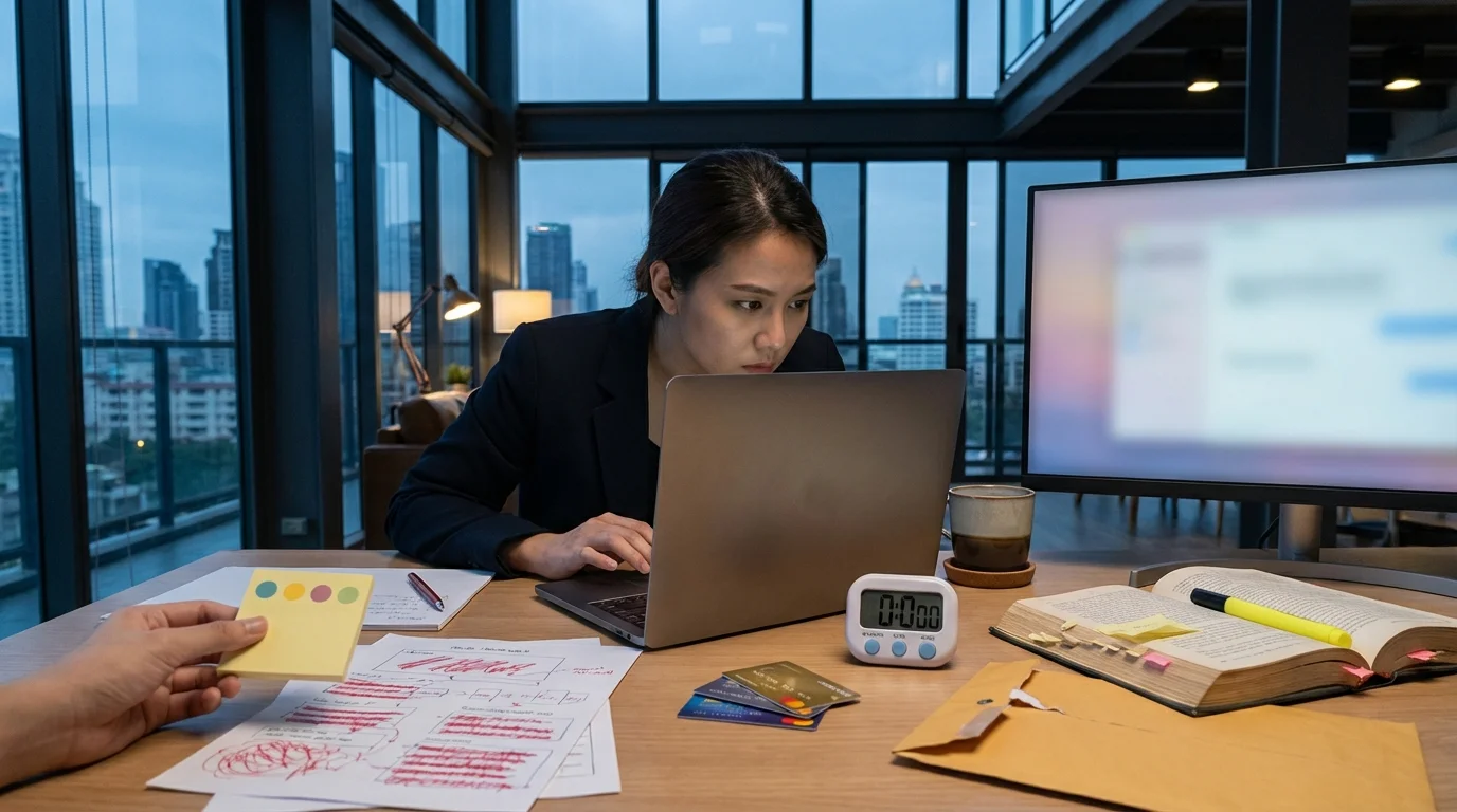 A focused woman works on a laptop at a desk in an office with a city view at dusk, surrounded by work items.