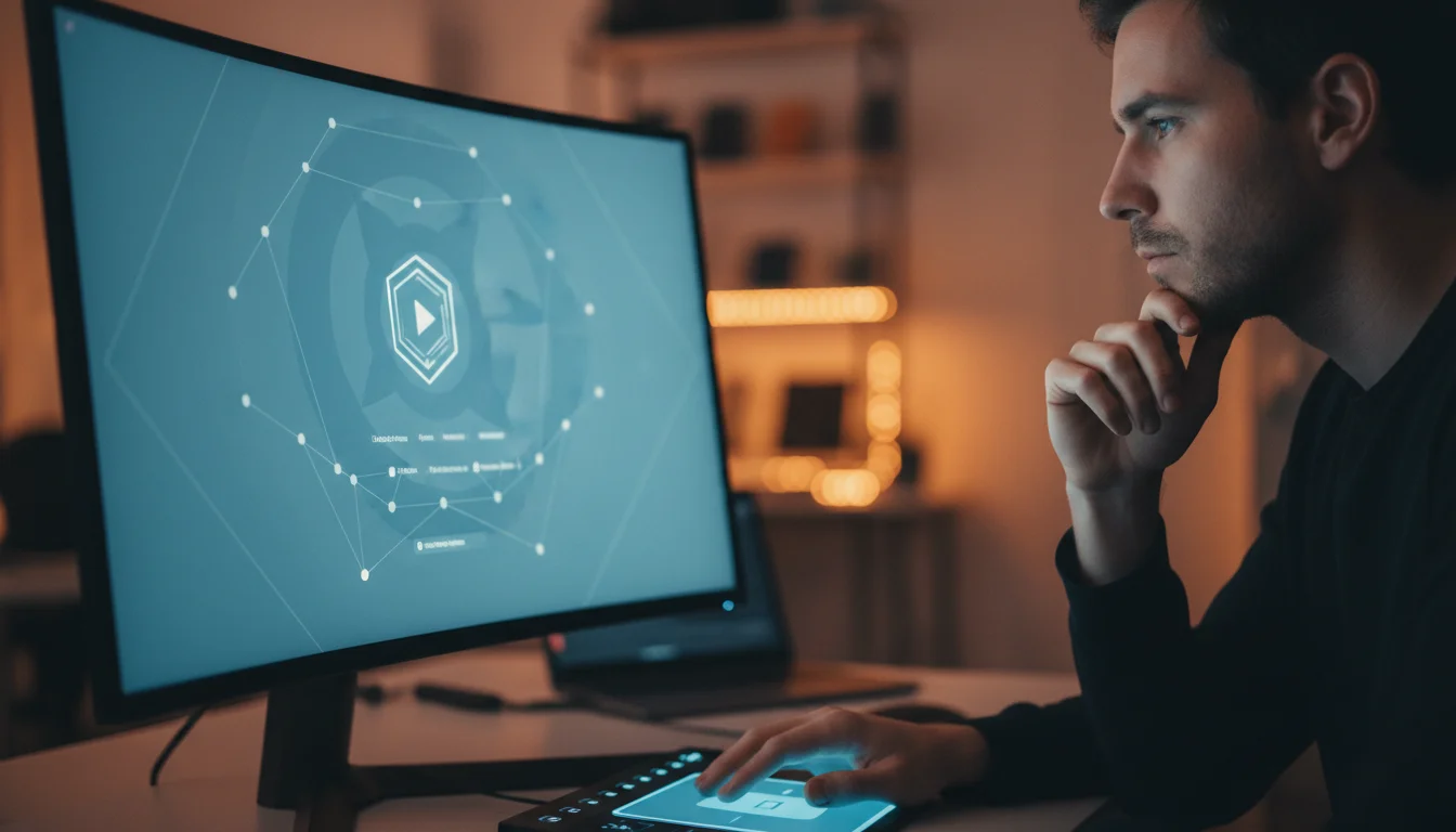 A man intently views a curved computer monitor displaying a network graph with a hexagonal play icon, while interacting with