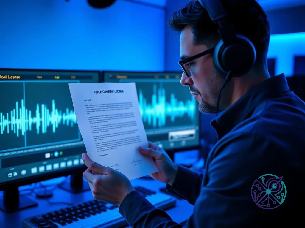 A man wearing headphones reviews a 'Voice Consent' document in a blue-lit studio with computer monitors displaying audio...