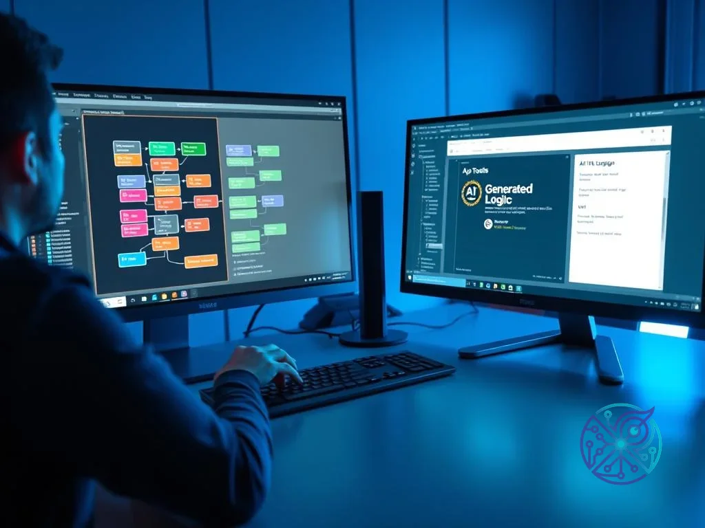 A person interacts with AI-generated logic and a visual programming flowchart on two computer monitors in a blue-lit...