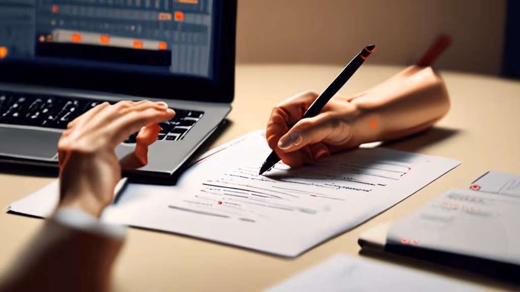 Close-up of hands editing a printed draft with red pen beside an open laptop