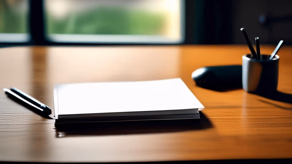A small conference room table with a single recording device and a handwritten action-items notepad, cool daylight, minimalis