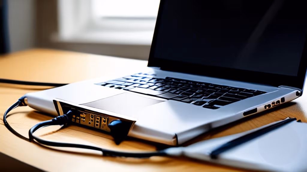 A single automator hub device with cables connecting a laptop, phone, and notebook