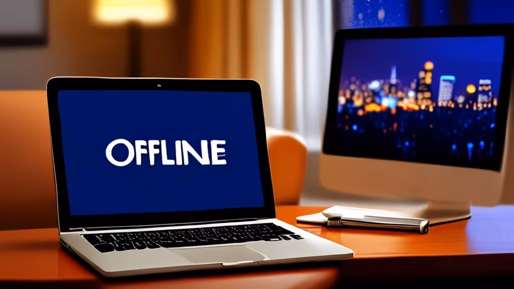 Laptop on a couch showing a local folder named “Offline Ops” with client docs and templates visible