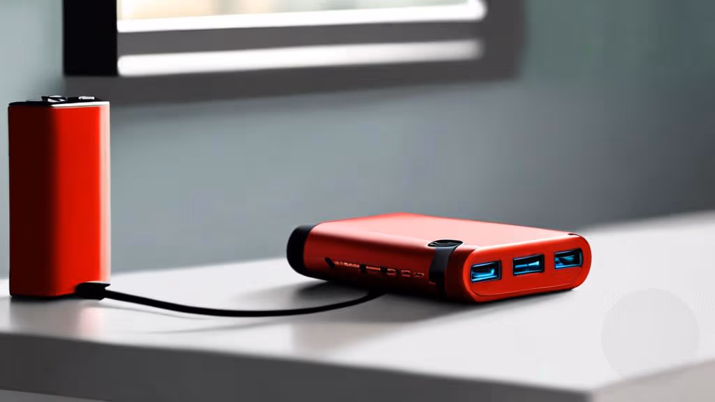 A red 20000mAh power bank charging a smartphone via USB-C on a cluttered countertop with flashlights nearby, overcast window