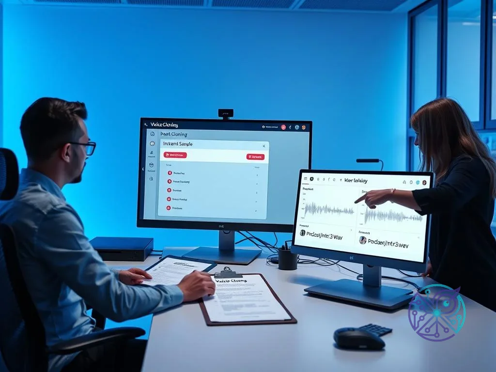 Two colleagues are engaged in a voice cloning workflow, with one reviewing documents while the other points to audio...