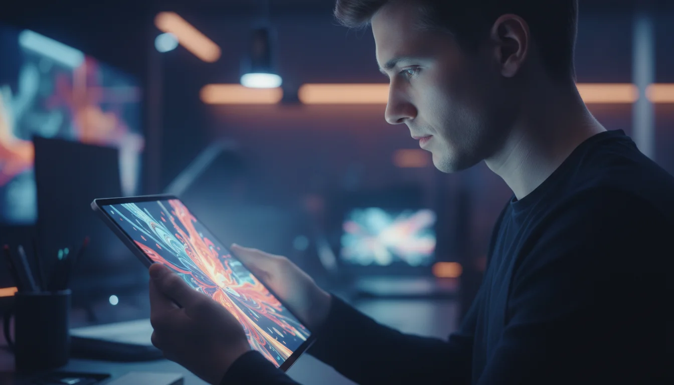 A focused young man views vibrant abstract art on a tablet in a dimly lit, futuristic workspace.