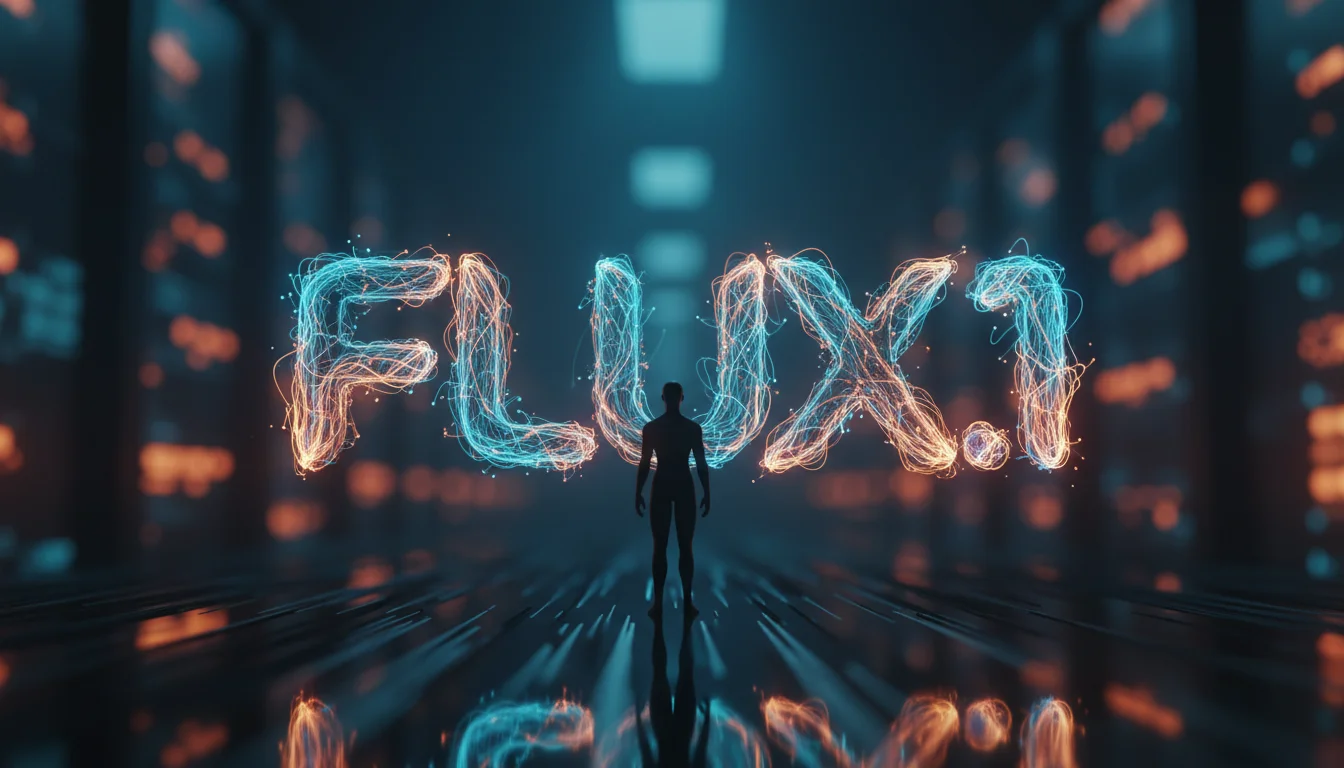A silhouette stands before glowing text "FLUX.1" formed by intertwined light particles in a dark, futuristic digital environm