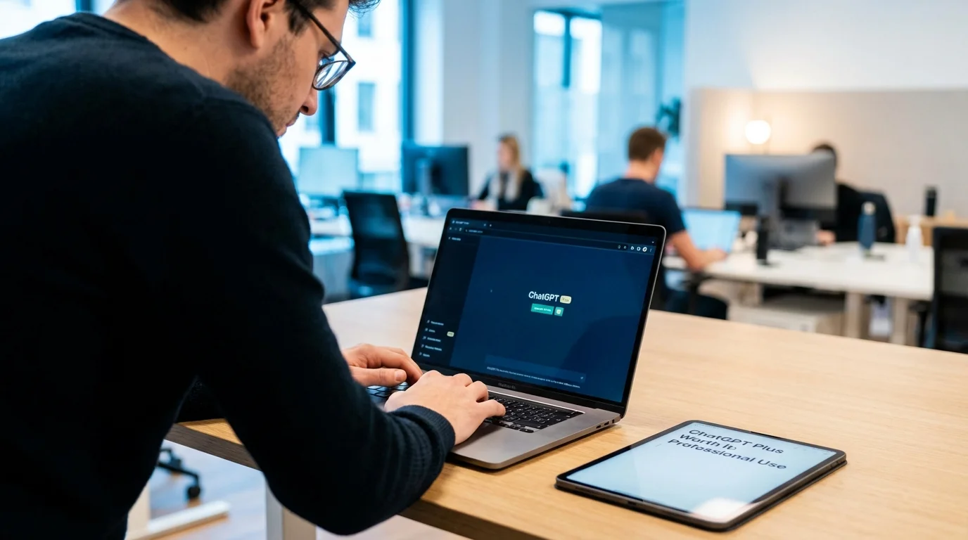 A person in a modern office typing on a laptop displaying the ChatGPT interface, with a tablet nearby.