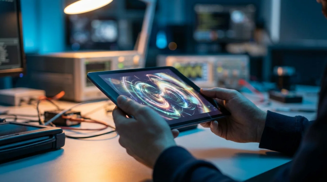 A person holds a tablet displaying a vibrant abstract pattern in a dimly lit tech lab environment.