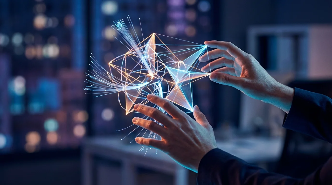 Two hands interact with a glowing, abstract network of lines and fiber optics, representing data or connectivity.