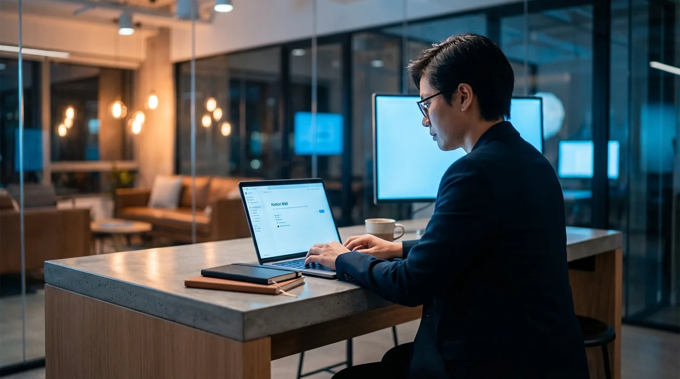 A person in a dark suit works on a laptop at a concrete desk in a modern, well-lit office.