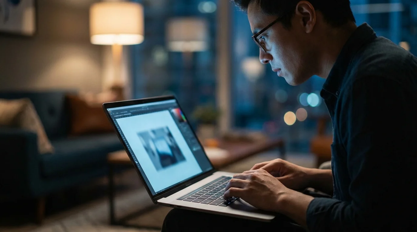 A person with glasses intently uses a laptop in a dimly lit room, likely editing an image.