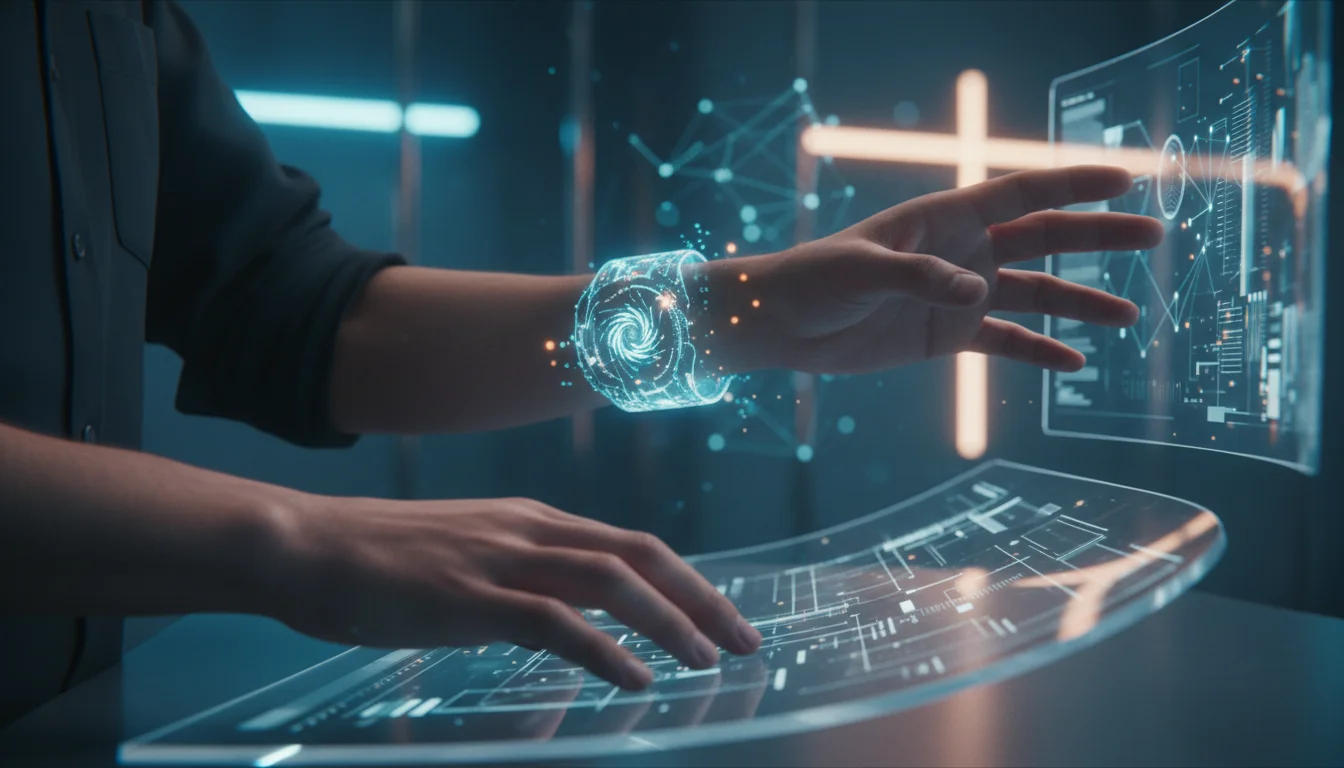 A person interacts with multiple futuristic holographic displays and a glowing wrist device.
