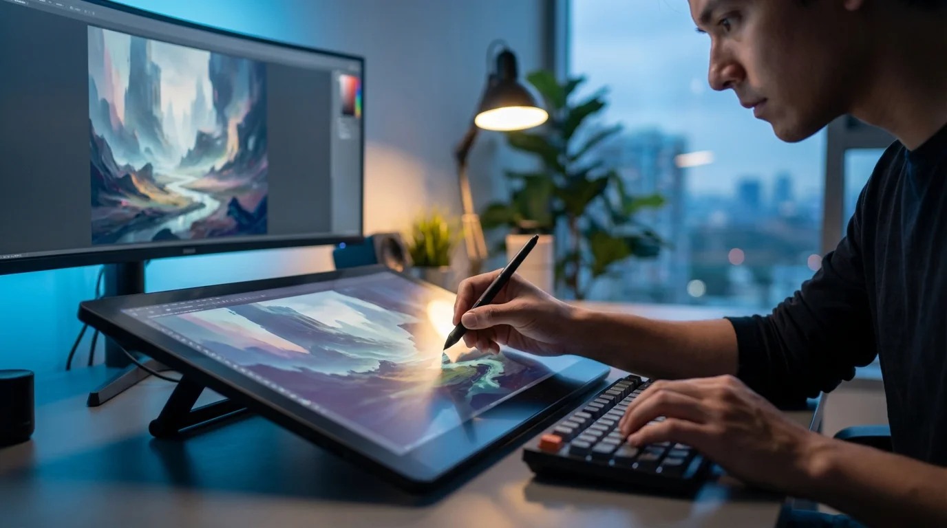 A person intently digitally paints a landscape on a graphics tablet, with the artwork mirrored on a large monitor.