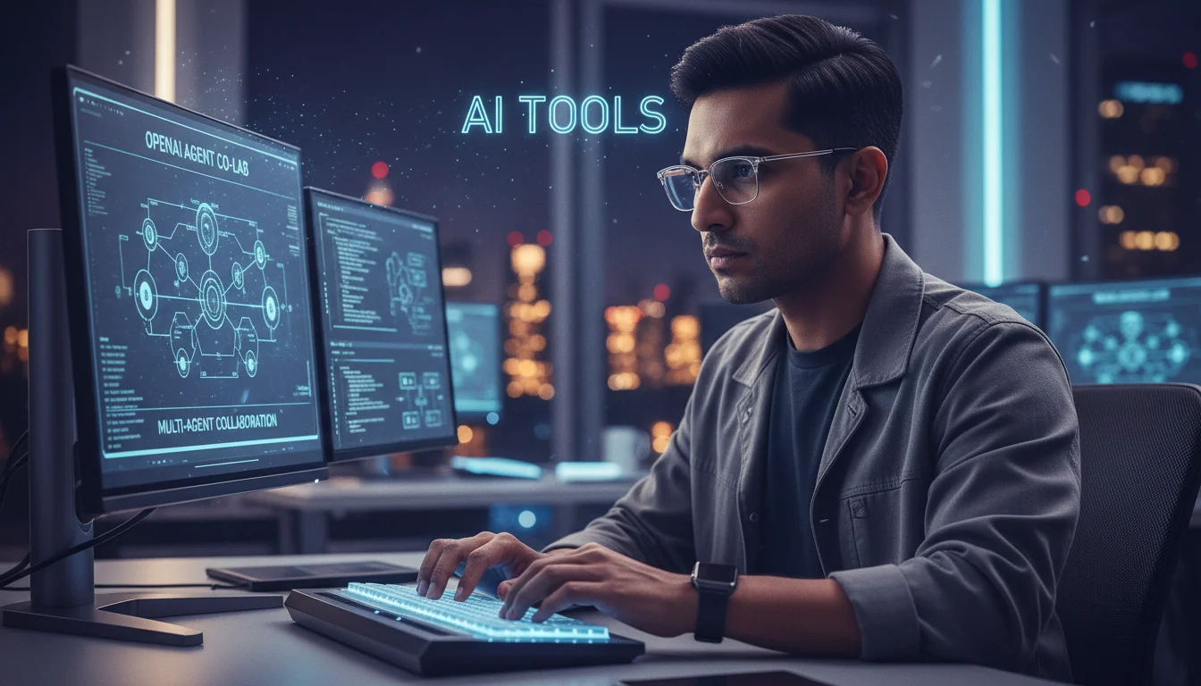 A focused man with glasses works on multiple computer monitors displaying AI-related interfaces at night.