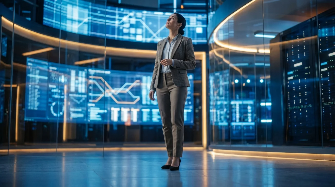 A professionally dressed woman stands in a high-tech data control room with large glowing blue screens.