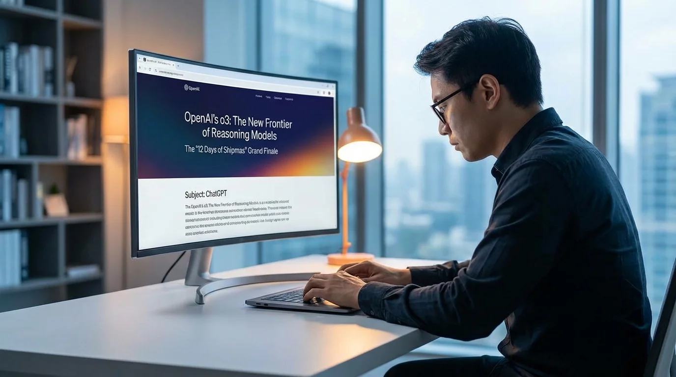 A man wearing glasses works on a laptop at a desk with a monitor displaying an OpenAI webpage.