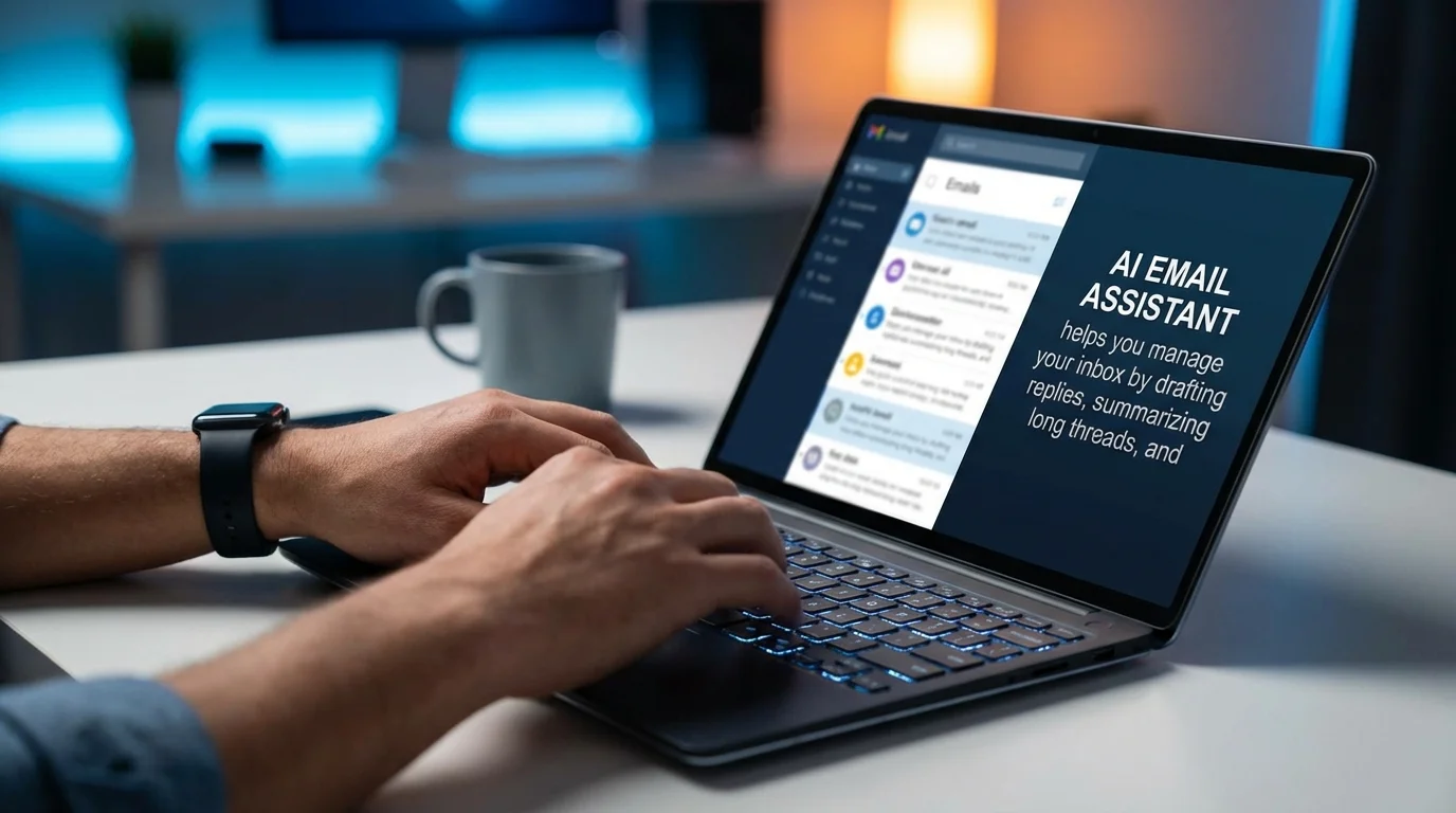 A person types on a laptop showcasing an 'AI Email Assistant' feature, with a smartwatch visible.