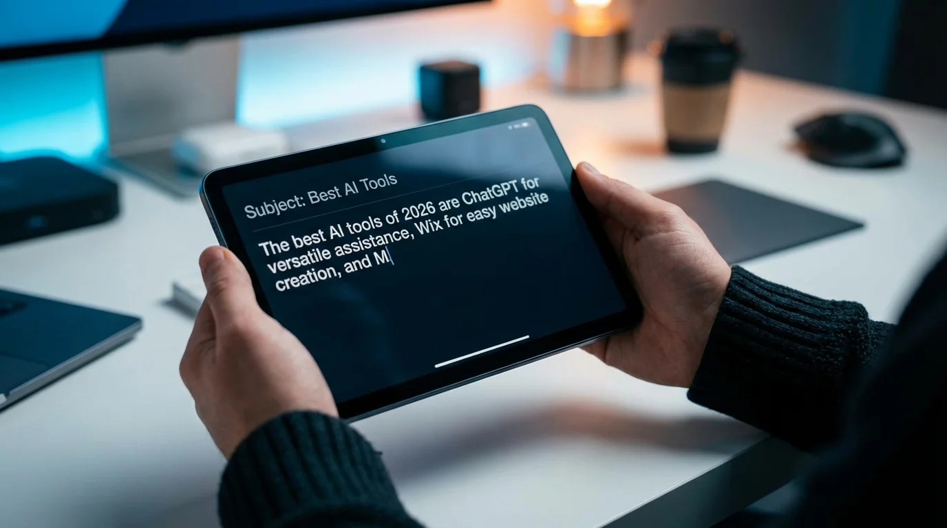 A close-up of hands holding a tablet displaying text about the best AI tools on a clean desk.