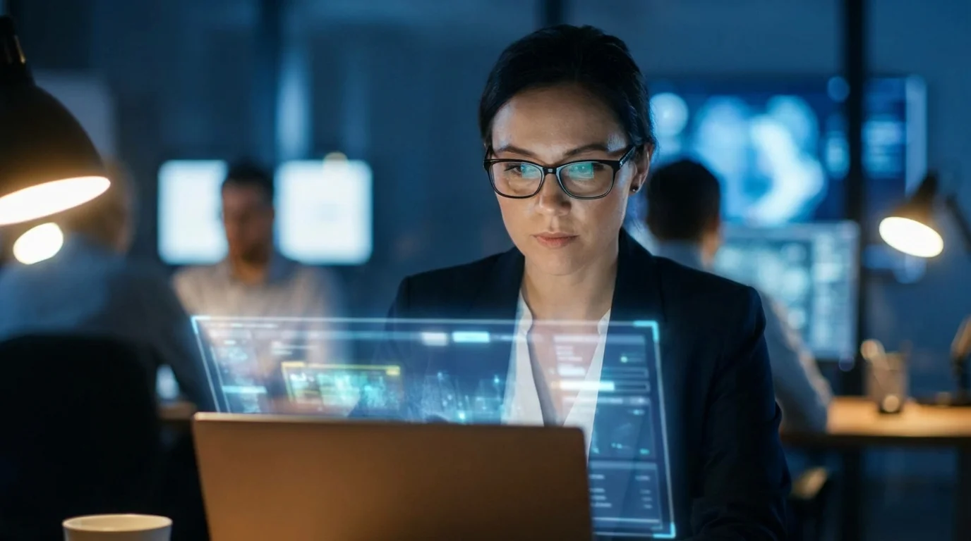 A focused woman in glasses works on a laptop with a glowing holographic interface in a modern, dim office.