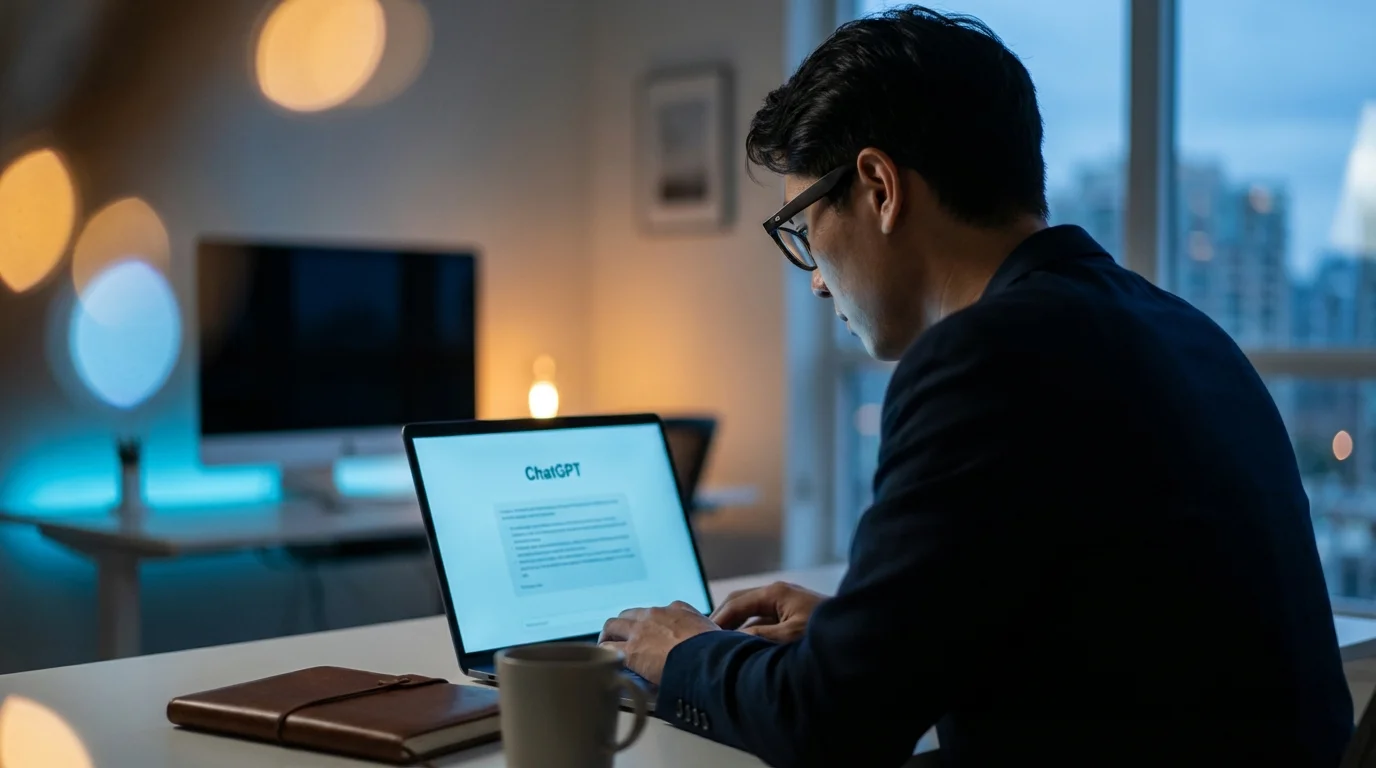 A man in glasses types on a laptop displaying the ChatGPT interface in a modern office environment.