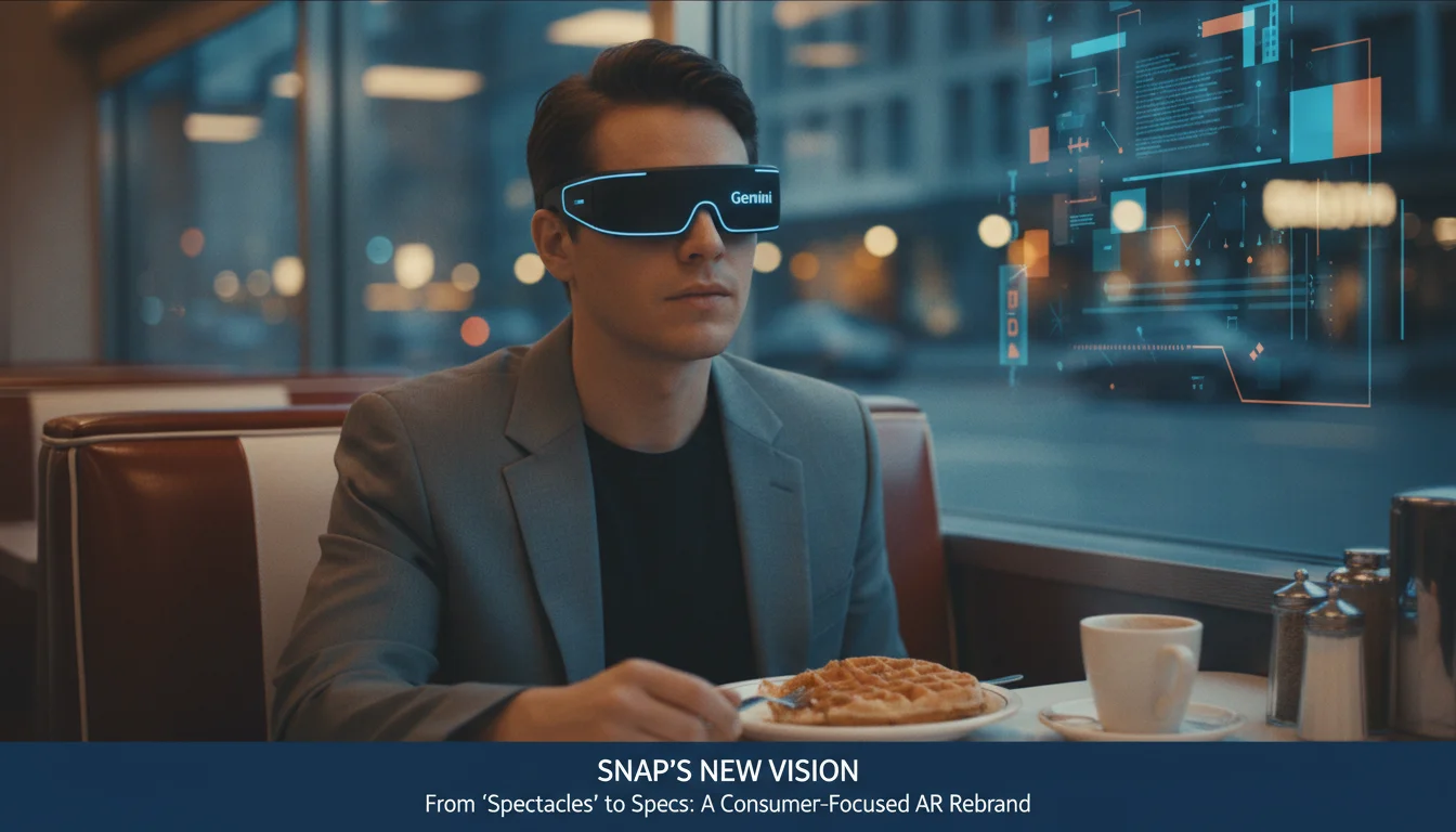 A man wearing futuristic AR glasses with 'Gemini' text while eating a waffle in a diner, with holographic data visible.