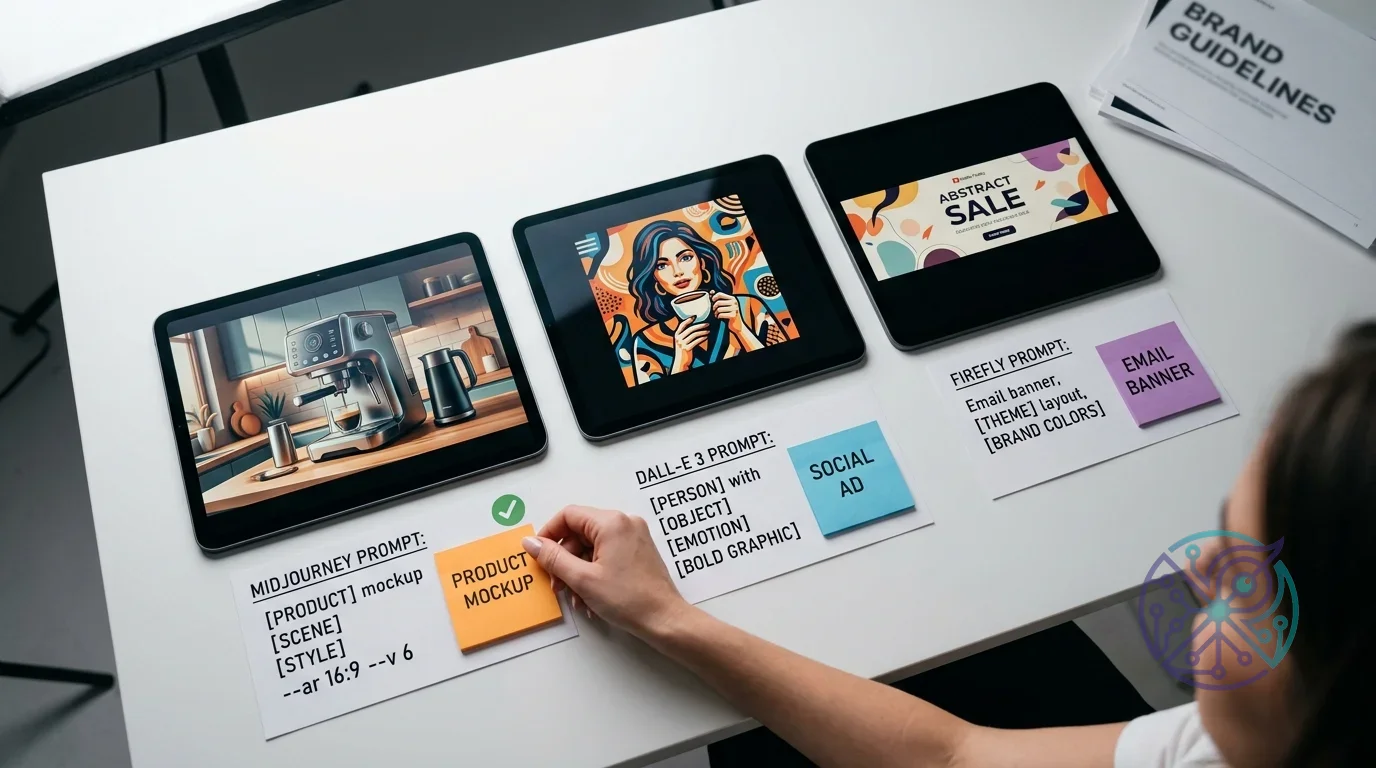 A person's hand interacts with prompt labels for AI-generated images on three tablets, demonstrating design workflows