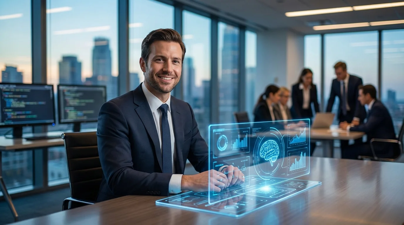 A smiling businessman interacts with a futuristic holographic interface in a modern office overlooking a city skyline.