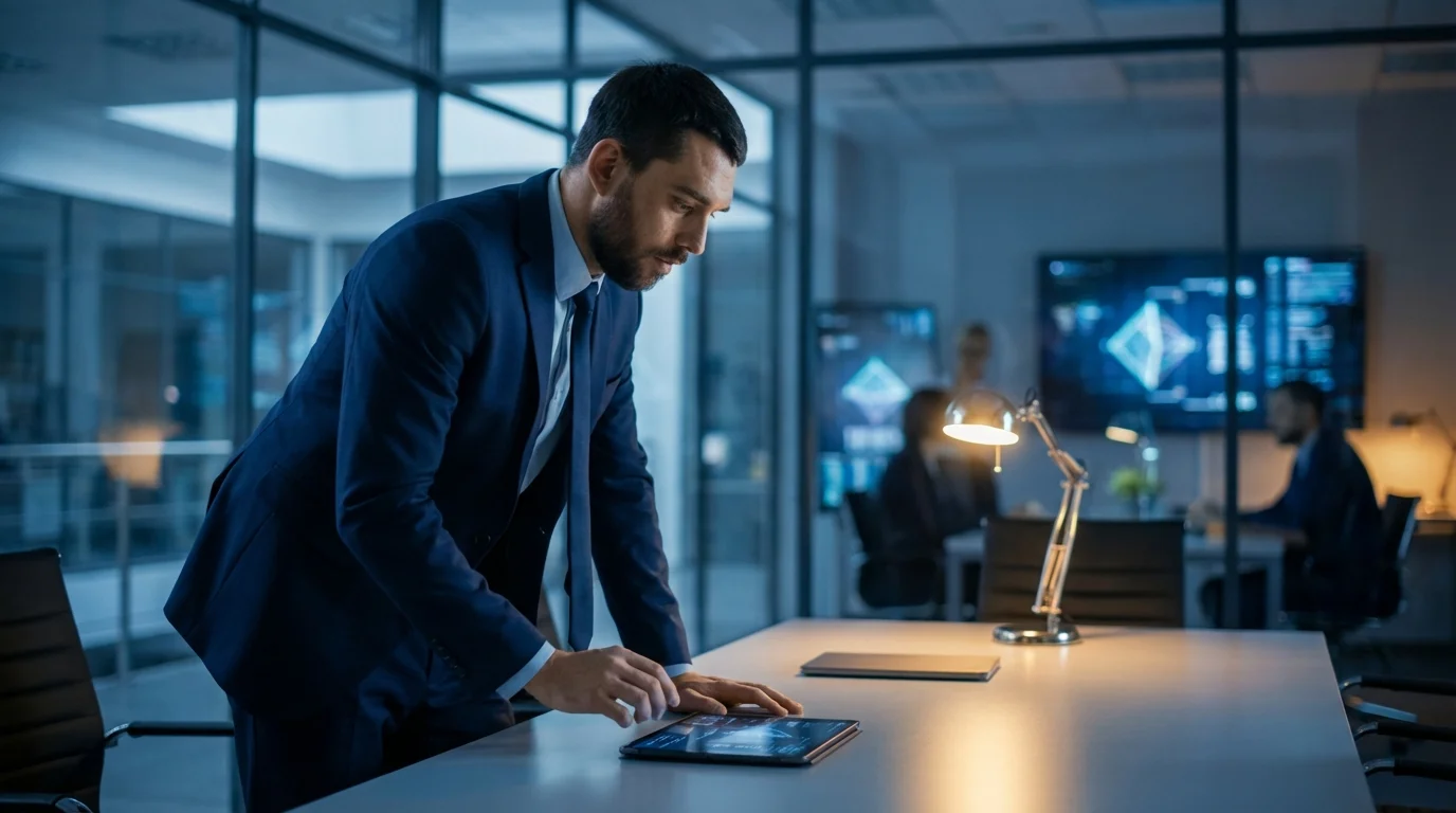 A focused businessman in a suit uses a tablet at a modern conference table in a high-tech office.