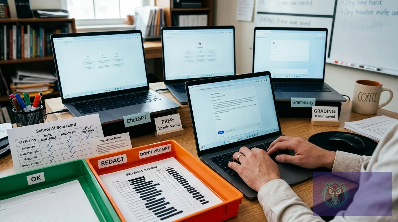 A person uses multiple laptops showcasing AI tools like ChatGPT, Copilot, and Grammarly to demonstrate time-saving for...