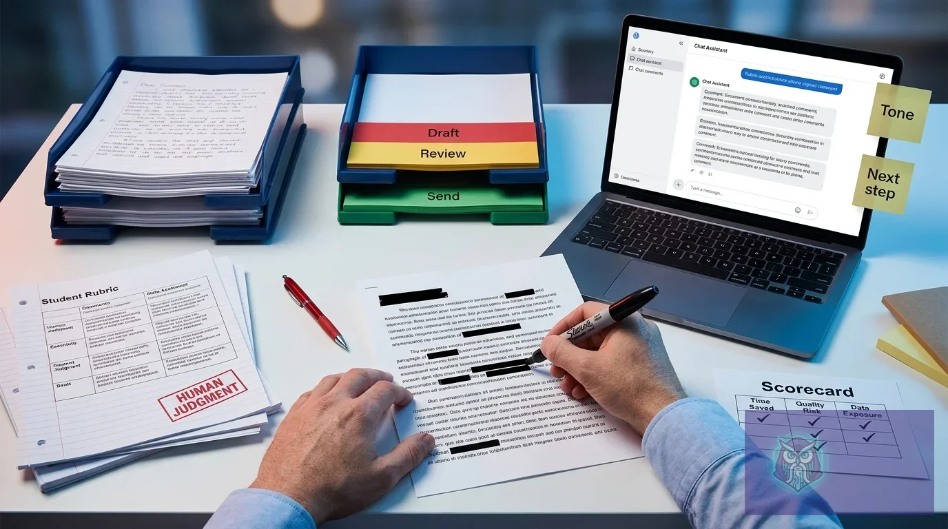 A person marks a redacted document while a laptop displays a 'Chat Assistant,' demonstrating a hybrid workflow of human...