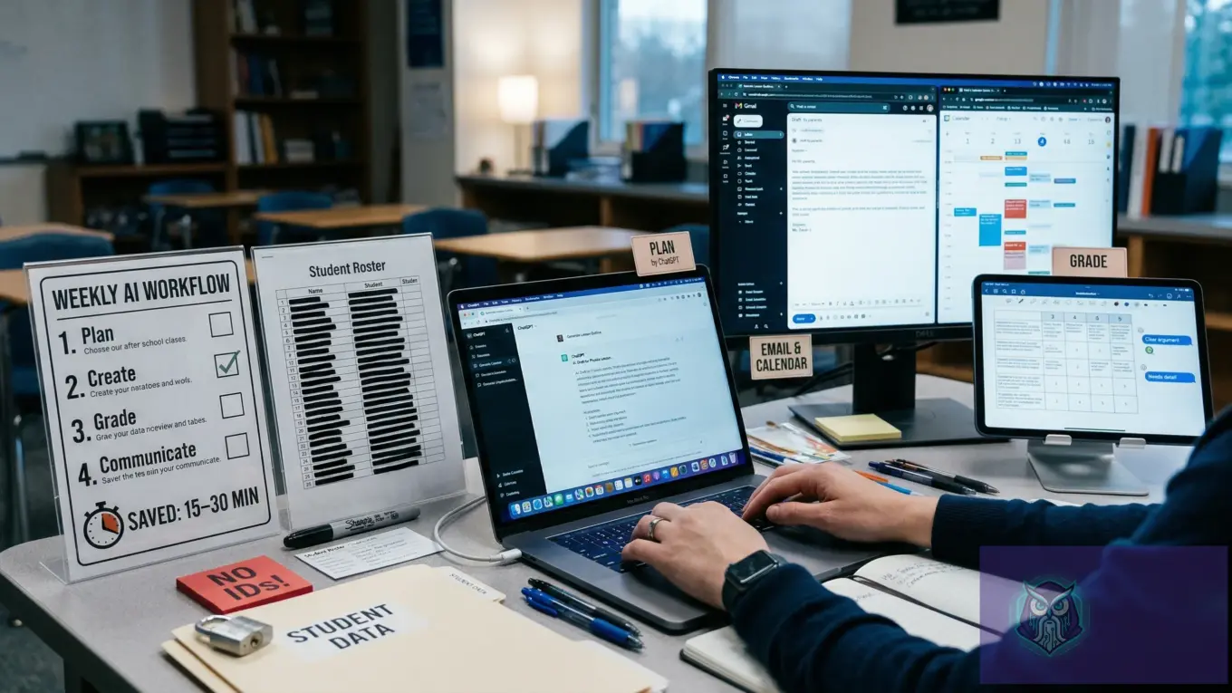 A person uses AI tools like ChatGPT on a laptop, external monitor, and tablet to streamline weekly educational tasks...