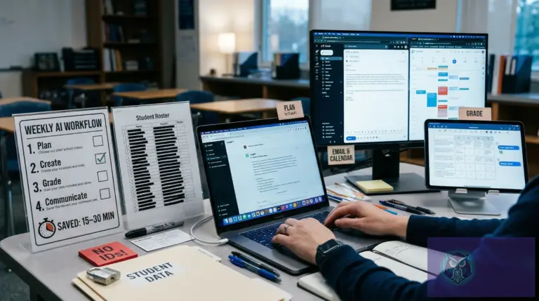 A person uses AI tools like ChatGPT on a laptop, external monitor, and tablet to streamline weekly educational tasks...