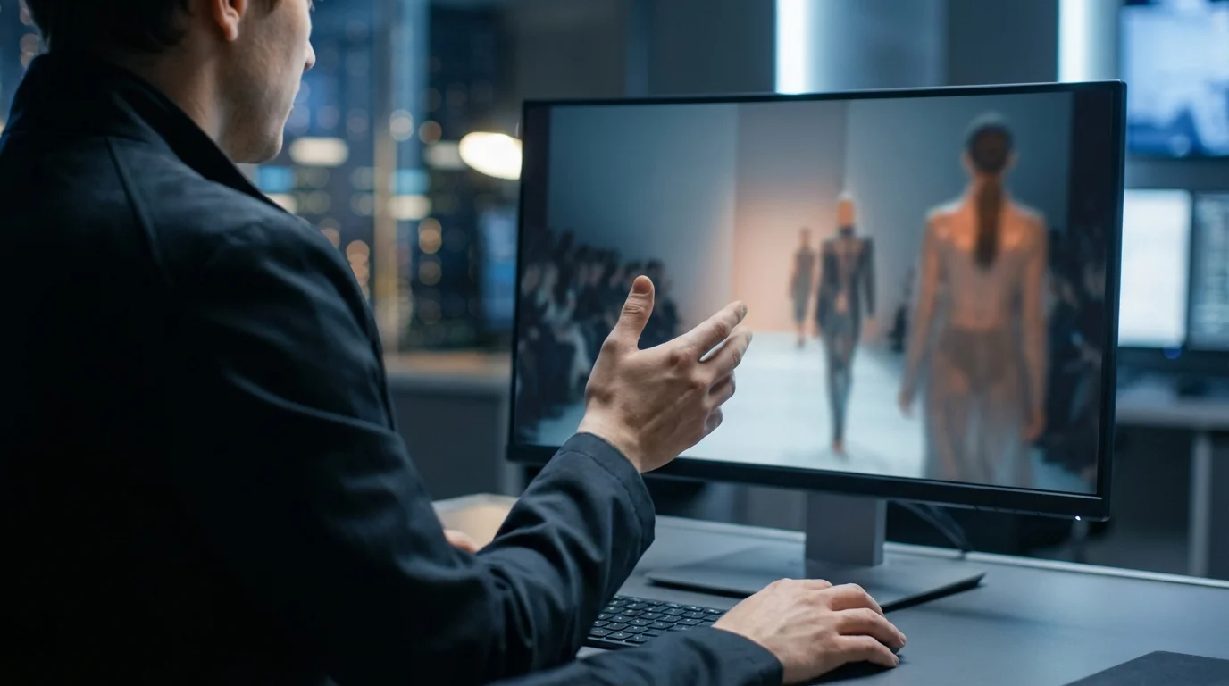 A man from behind watches a fashion show on a computer monitor in a dimly lit modern office.