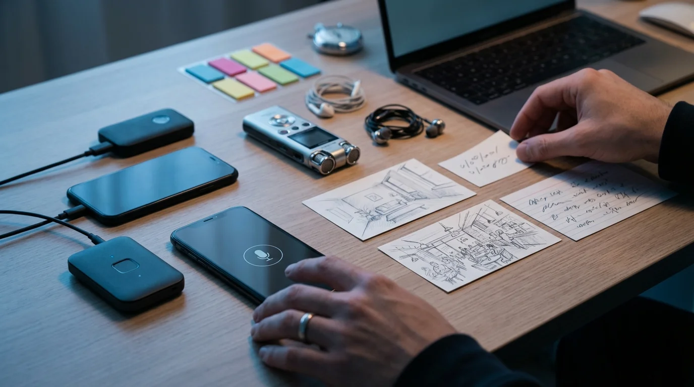A person's hands interact with smartphones, a digital recorder, sketches, and notes on a wooden desk.