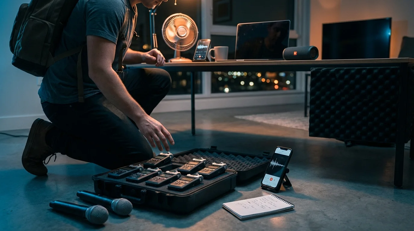 A person kneels to arrange professional audio recording equipment, including microphones and recorders, in a modern setting w