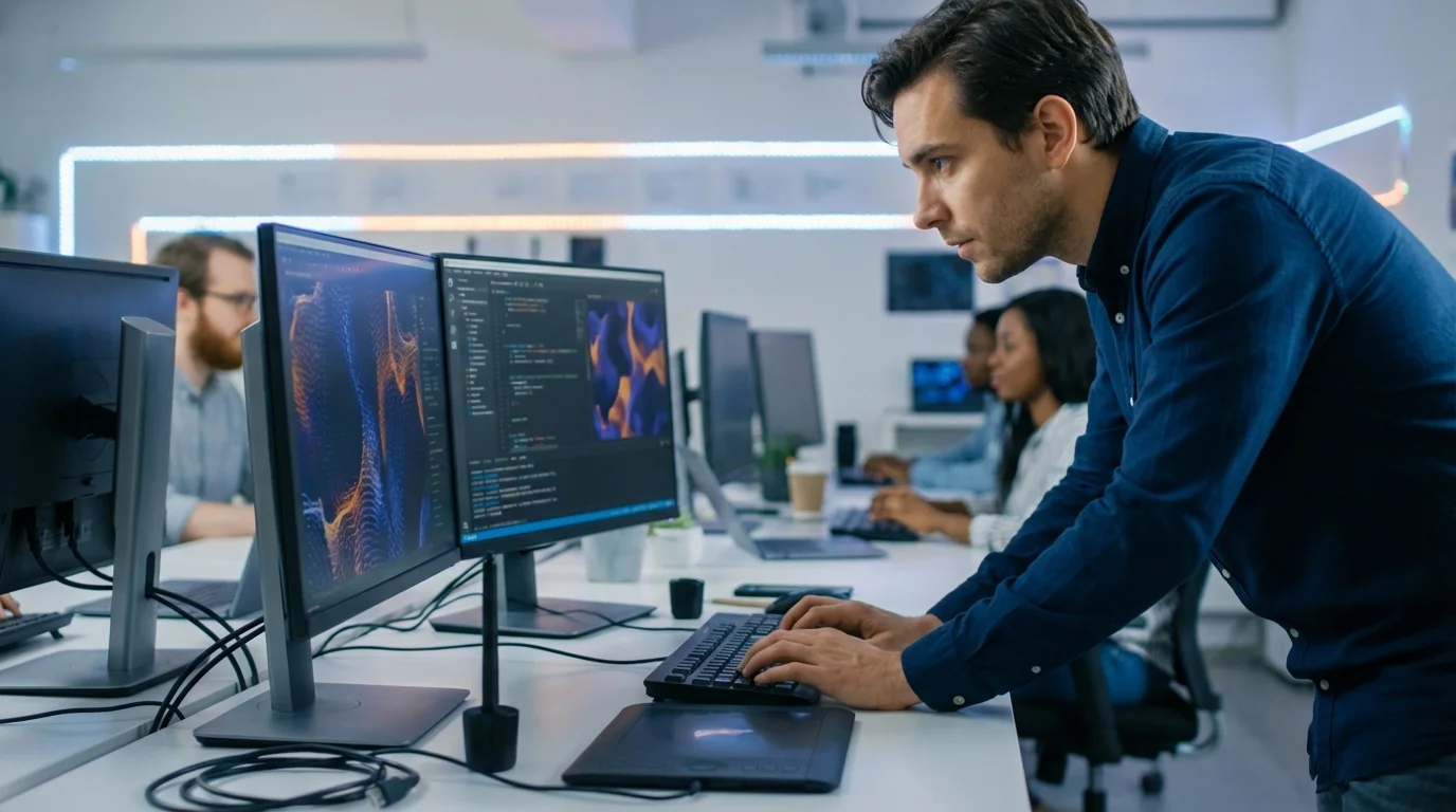 A focused man in a blue shirt stands, typing on a keyboard in a modern, open-plan office surrounded by multiple computer moni