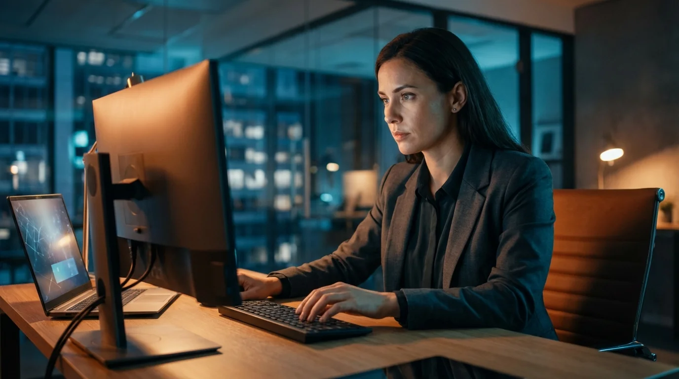 A focused woman in a suit works late at a computer desk in a modern office with city lights visible outside.