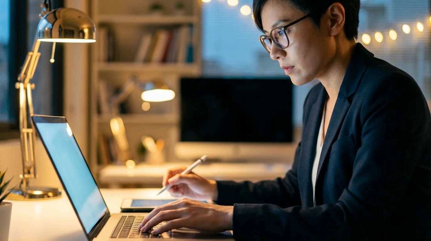 An Asian woman in glasses works intently on a laptop and tablet with a stylus in a warm, lit office.