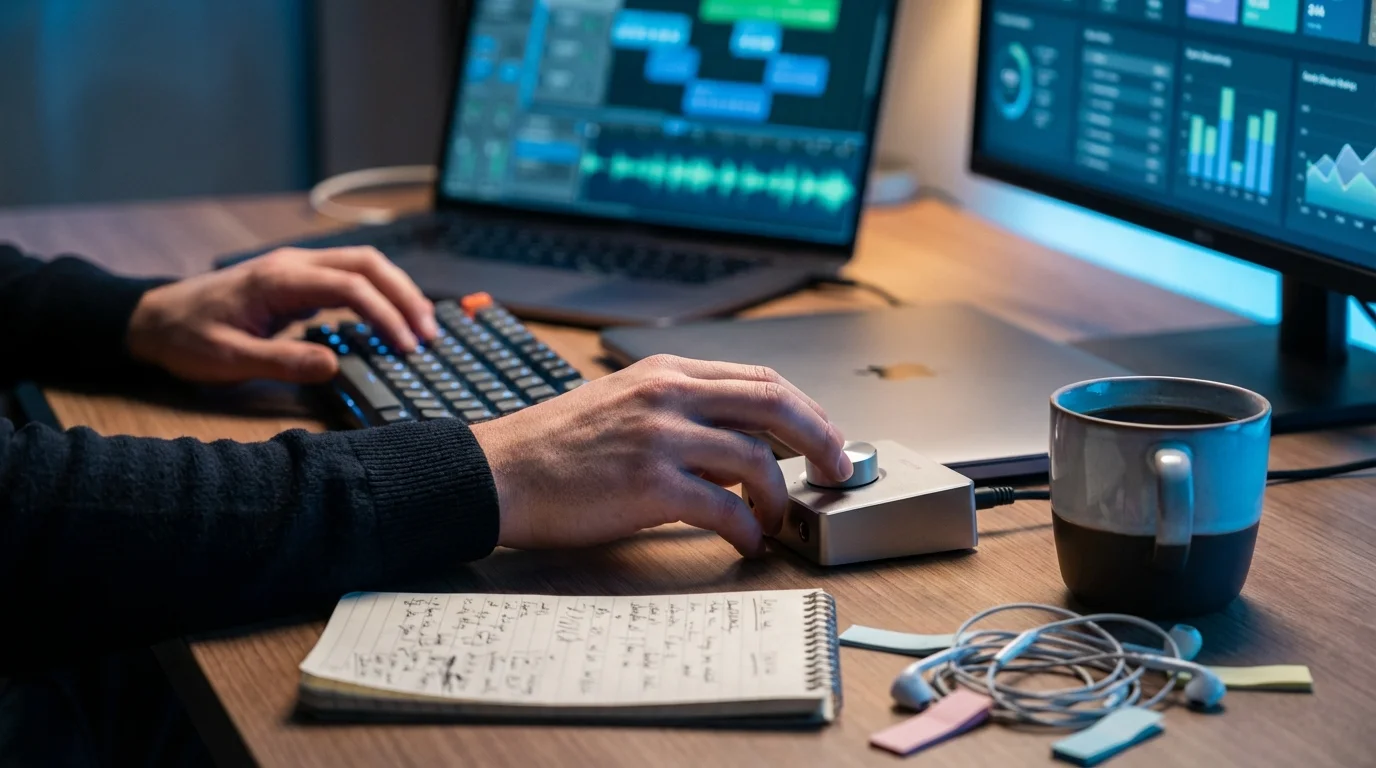 A person is actively working at a modern desk setup with multiple screens, a keyboard, and an audio controller.