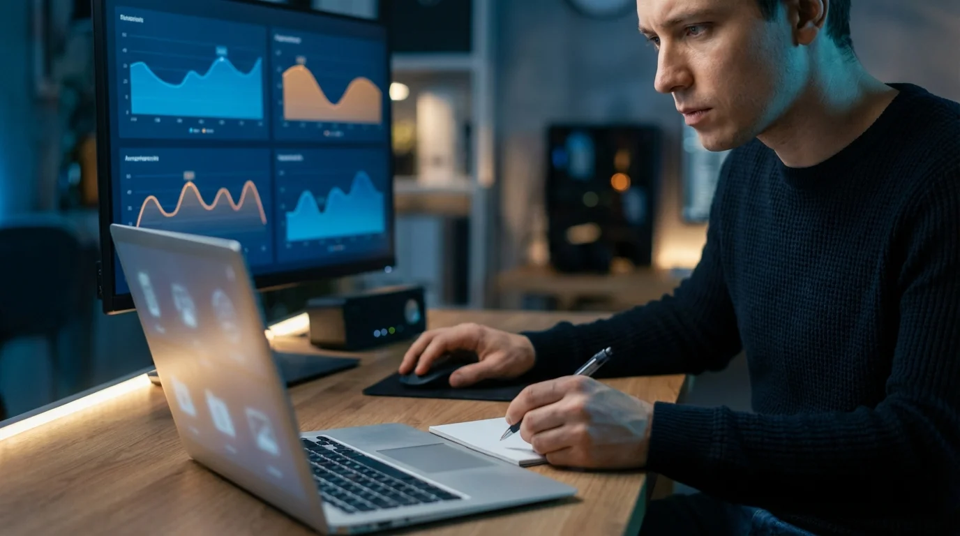 A focused man works at a desk with multiple screens displaying data and takes notes in a notebook.