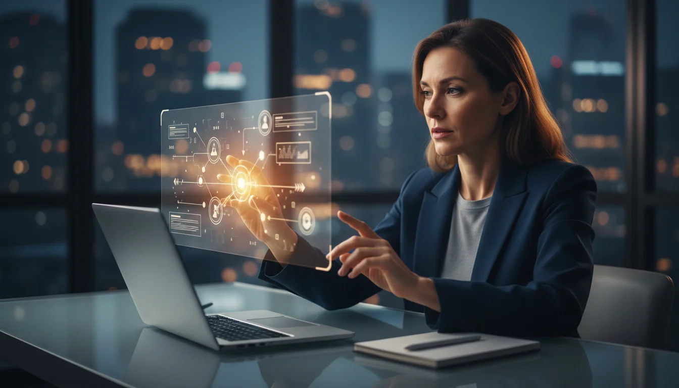 A professional woman uses a glowing holographic interface in a modern office with a city view at night.